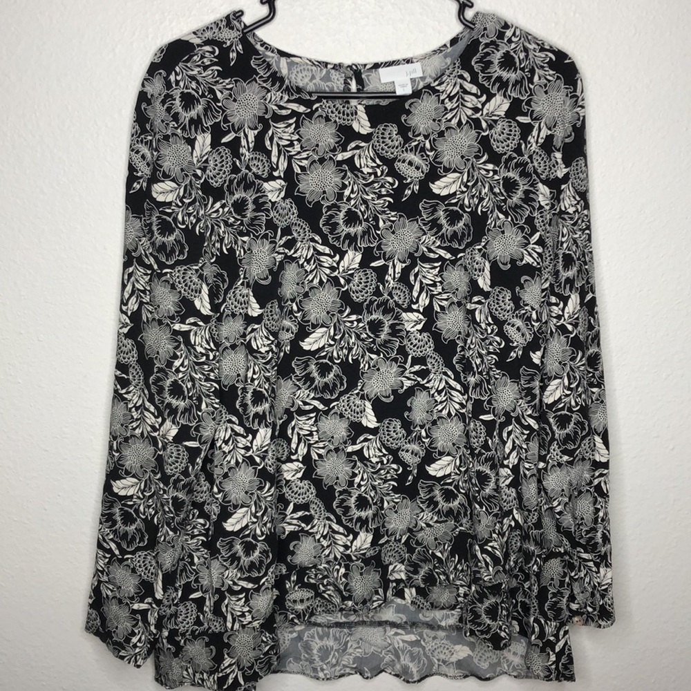 J Jill Blouse Long Sleeve Floral Flowers Neutral Black White Layered Womens L